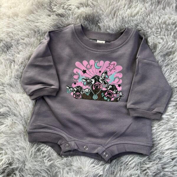 Punchy Cow Grey Sweatshirt Romper - 0/3M